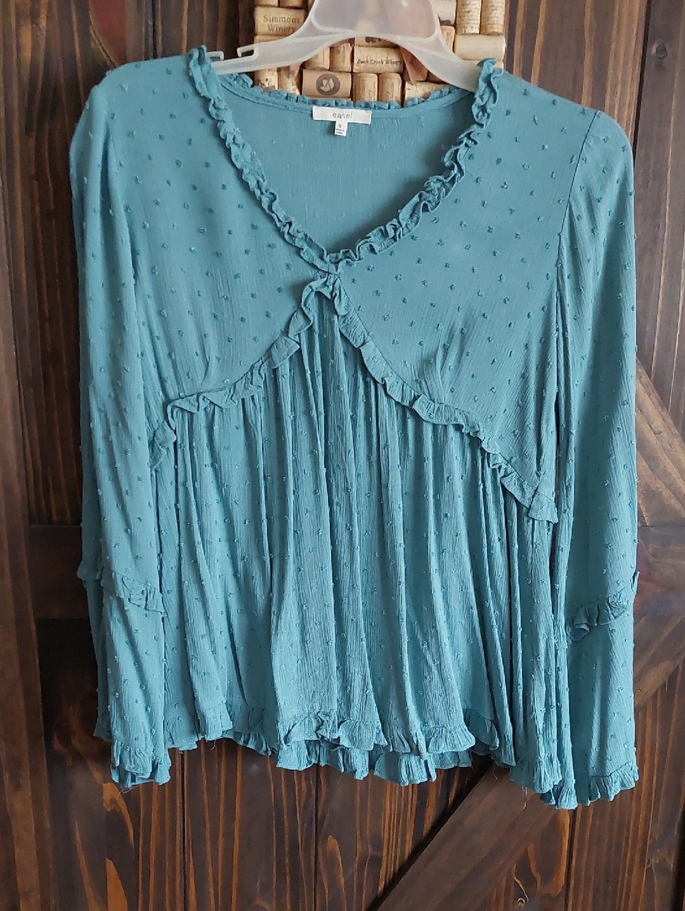 Easel Sz Small Soft Dotted Textured Ruffle V-Neck Top - Teal